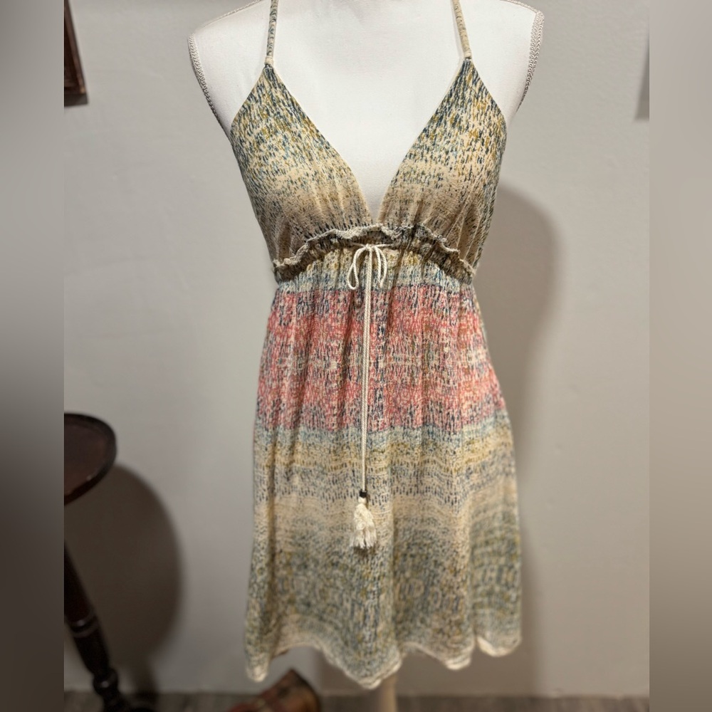 O'Neill Nancy printed gauze womens V neck dress M racer back 100% cotton pastel